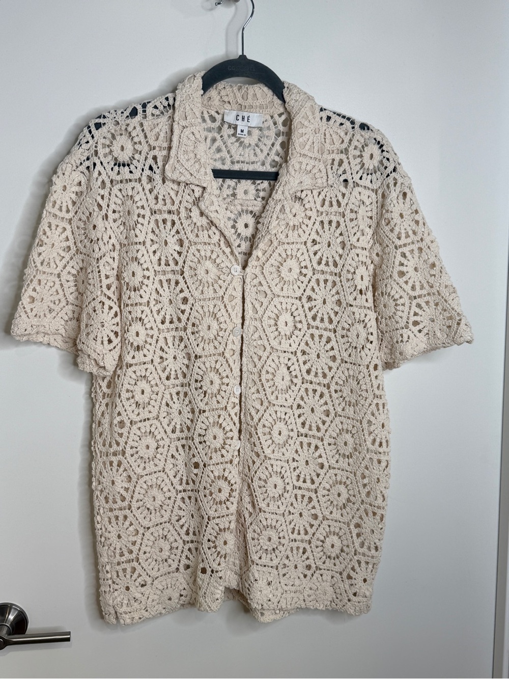 Crochet Short-Sleeve Button-Down Shirt in Cream
